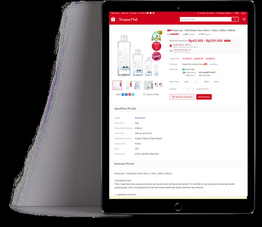 Product page on a tablet